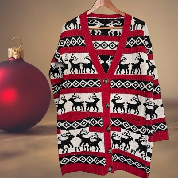 🎄V-Neck Button Down Oversized Christmas Reindeer Cardigan – Cotton Knit  Size M - Picture 4 of 6